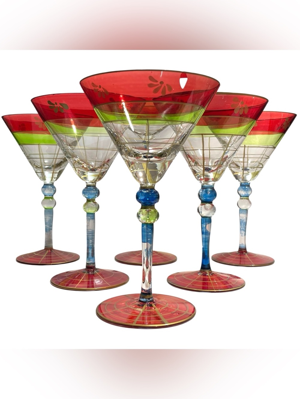 Vintage 2000s Roscher & Co. Romania Art Glass Martini Glasses (6) - Hand Painted